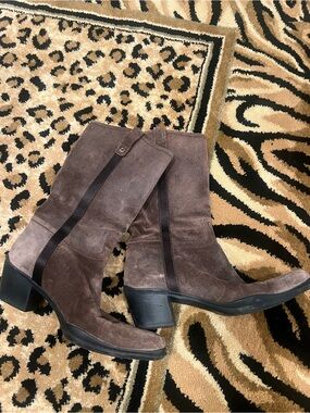 Prada Brown Suede Mid-Calf Heeled Boots